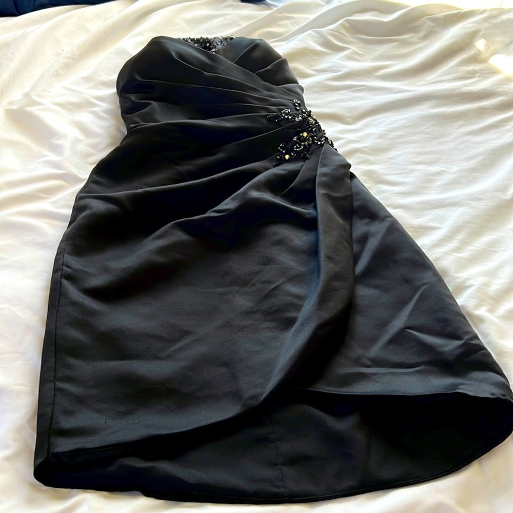Black satin Mori lee strapless dress with tulip skirt, worn once